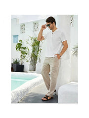 Men's Linen Pure Color Lace Up Short Sleeve Shirts