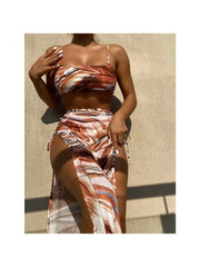 Tie Wrap  Printed 3 Piece Slit Skirt Bikini Sets