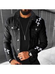 Street Cross Patchwork Black Denim Jackets For Men