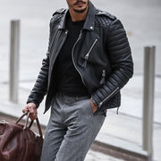 Fashion Pure Color Zipper Leather Men's Jacket