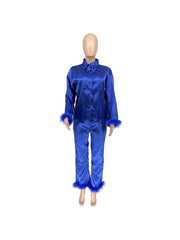 Patchwork  Pure Color Long Sleeve Blouse And Pant Sets