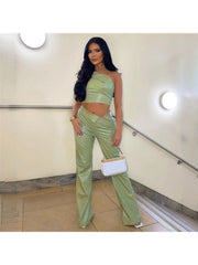 Green PU Leather  One Shoulder Top And  Pant Sets