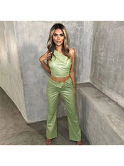 Green PU Leather  One Shoulder Top And  Pant Sets