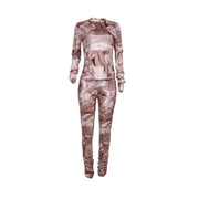 Women Khaki  Printed Long Sleeve Ruched Two Piece Sets
