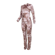Women Khaki  Printed Long Sleeve Ruched Two Piece Sets