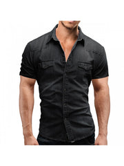Casual Pure Color Denim Short Sleeve Shirt Male