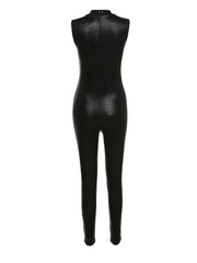 Skinny Faux Leather Black Sleeveless Jumpsuit