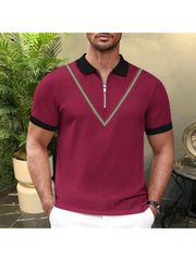 Men Patchwork  Short Sleeve Quarter-zip Polo Shirts