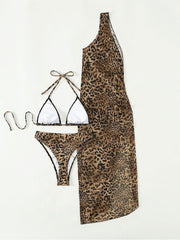 Sexy Leopard Print One Shoulder Three Piece Bikini Swimsuit
