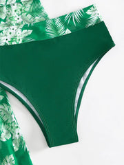 Green Printed 3 Piece Cover Up Bikini Sets For Women