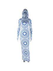 Women's Blue Hooded Printing Polka-dot Long Dress