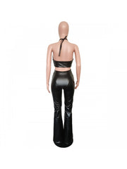 Black PU Halter Top And Flared Trouser Suits