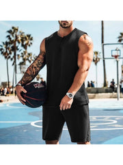 Men Solid Sleeveless Vest Two-Piece Shorts Sets