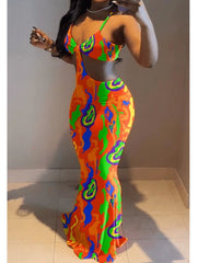 Sexy Printing Hollowed Out Slim Maxi Dress
