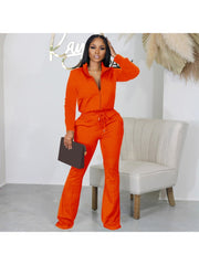 Casual Solid Long Sleeve 2pc Flared Pants Sets