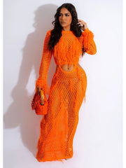 Beach Crochet Cutout Tassels Long Sleeve Dress