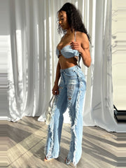 Sexy Denim Backless Tank Top Ripped Pants Sets