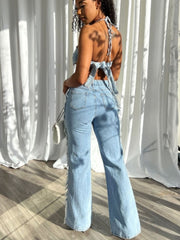 Sexy Denim Backless Tank Top Ripped Pants Sets