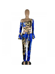 Women's Sexy Leopard Print Bell Sleeve Trousers Suit