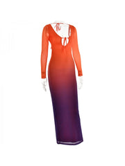 Gradient Color Backless Long Sleeve Slim Maxi Dress