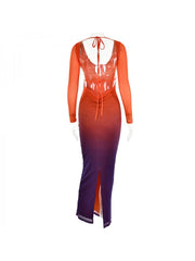 Gradient Color Backless Long Sleeve Slim Maxi Dress