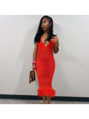 Solid Color Spaghetti Strap Backless Wooden Ear Edge Knitted Slim Fit Long Dress