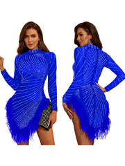 Solid Color Mesh Rhinestone Feather Short Dress