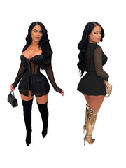 Solid Patchwork Perspective Long Sleeve Shorts Set