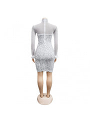 Feather Long Sleeve Transparent Dress With Hot Drill