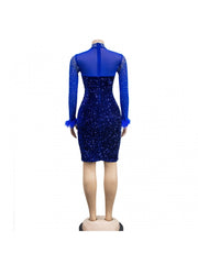 Feather Long Sleeve Transparent Dress With Hot Drill