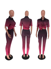 Gradient Color Turn Down Collar Shirt And Pants Suit