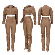 Solid Color PU High-waisted Elastic Waist Trouser Sets