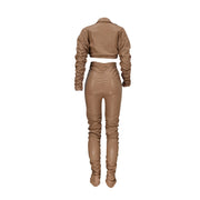 Solid Color PU High-waisted Elastic Waist Trouser Sets