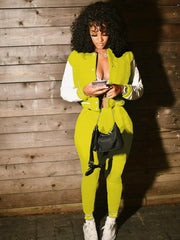 Colorblock Crew Neck Straight Trouser Sets