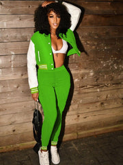 Colorblock Crew Neck Straight Trouser Sets