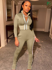 Solid Color Elastic Waist Fitted Trouser Sets
