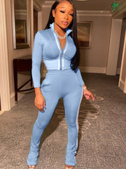Solid Color Elastic Waist Fitted Trouser Sets