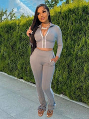Solid Color Elastic Waist Fitted Trouser Sets