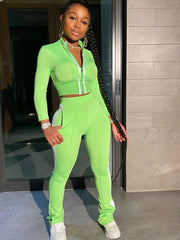 Solid Color Elastic Waist Fitted Trouser Sets