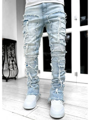 Solid Color Denim Distressed Straight Jeans