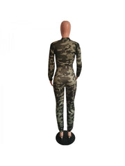 Camouflage Lantern Sleeve Cardigan Pants Sets