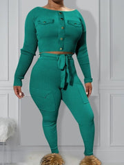 Solid Color Rib Fitted Cropped Trouser Sets