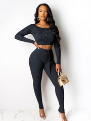 Solid Color Rib Fitted Cropped Trouser Sets