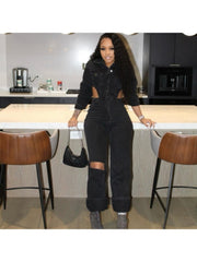 Hollow Out Collar Buckle Denim Jumpsuit