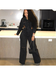 Hollow Out Collar Buckle Denim Jumpsuit