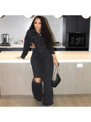 Hollow Out Collar Buckle Denim Jumpsuit