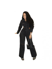 Hollow Out Collar Buckle Denim Jumpsuit