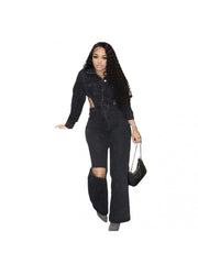 Hollow Out Collar Buckle Denim Jumpsuit