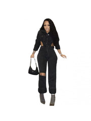 Hollow Out Collar Buckle Denim Jumpsuit