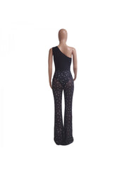 See Through Beaded One Shoulder Trouser Sets